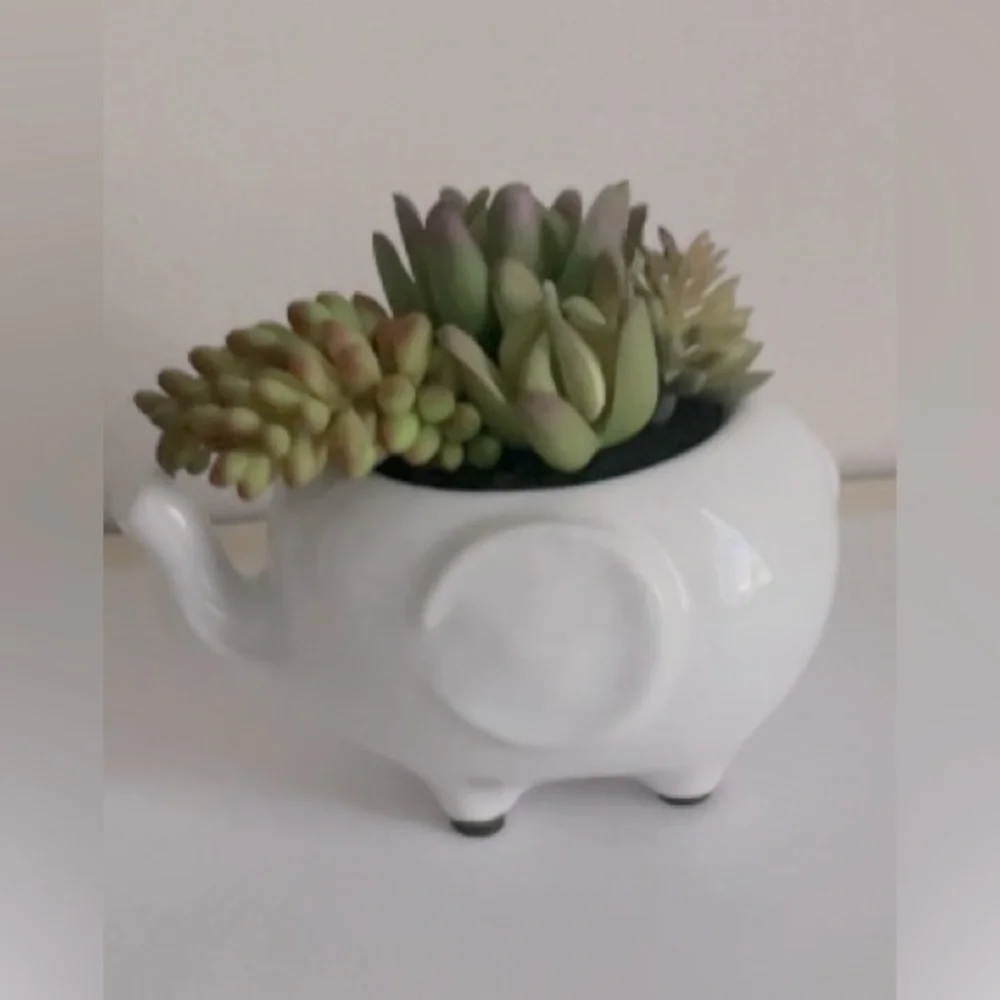 Small White Ceramic Elephant Planter With Faux Succulents Decor modern cute desk
